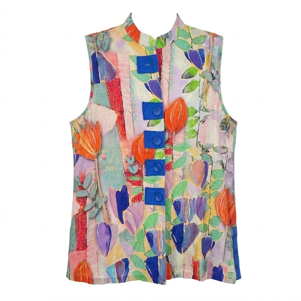 Radzoli‎ Womens LARGE Floral Abstract Art to Wear Sleeveless Button Front Vest